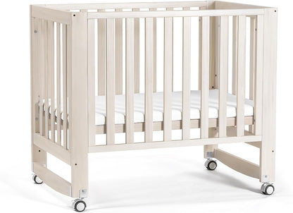EvoNest Baby Crib, 6 in 1 Convertible Mini Crib with Wheels, 100% New Zealand Wood Growing Bed, 4 Adjustable Mattress Height, Wahsed Natural (Beige)