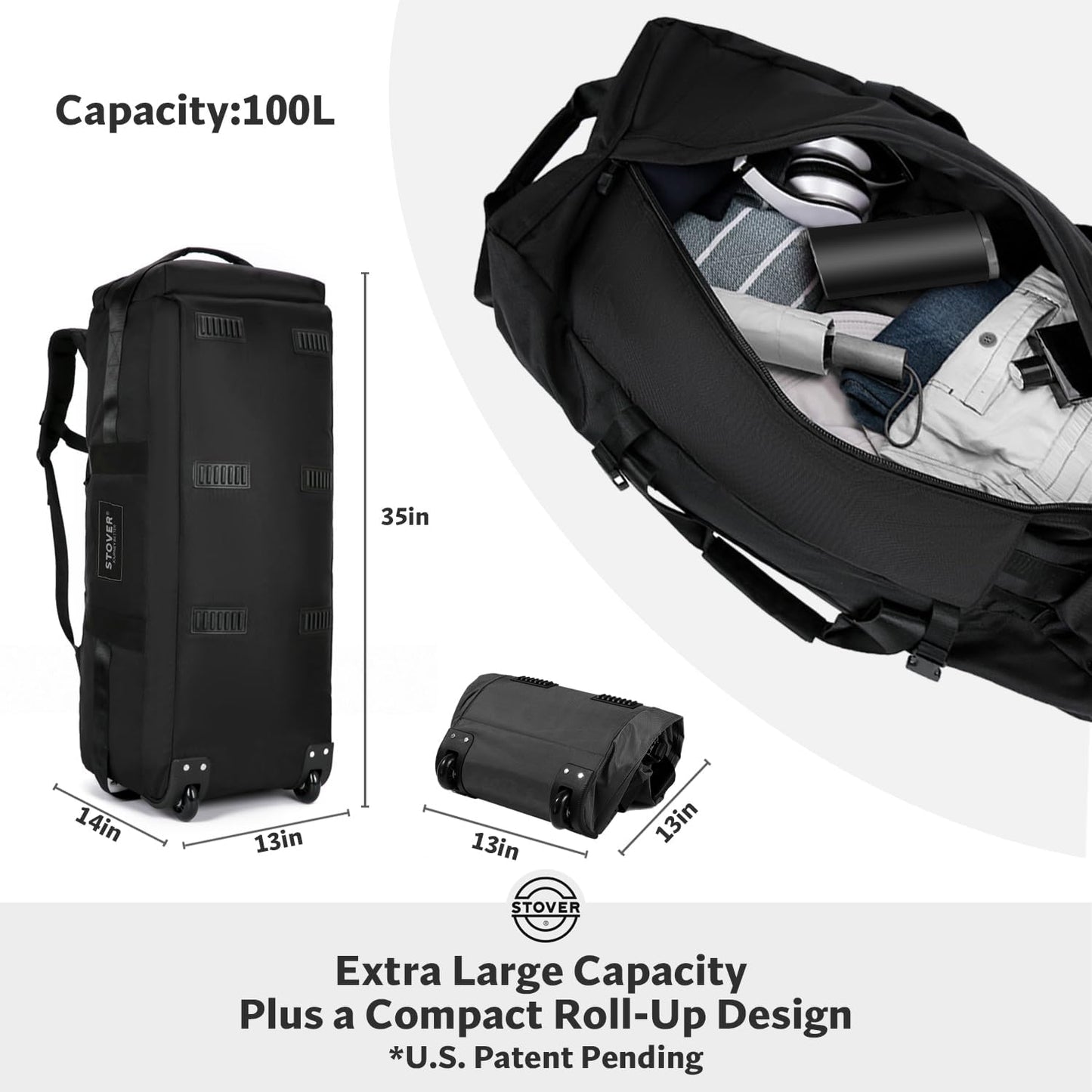 STOVER 100L Rolling Duffel Bag with Wheels, X-Large 32 Inch Durable Travel Duffle + Toiletry Bag, Heavy Duty, Packable w/Shoulder Straps- Use as Luggage or Backpack, Men/Women (Black)