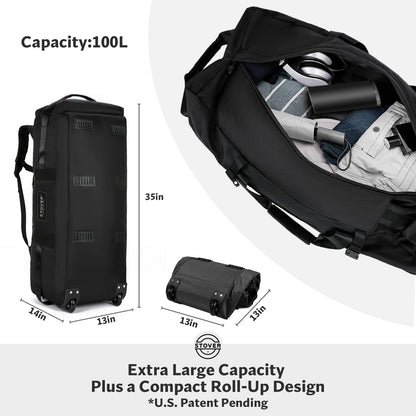 STOVER 100L Rolling Duffel Bag with Wheels, X-Large 32 Inch Durable Travel Duffle + Toiletry Bag, Heavy Duty, Packable w/Shoulder Straps- Use as Luggage or Backpack, Men/Women (Black)