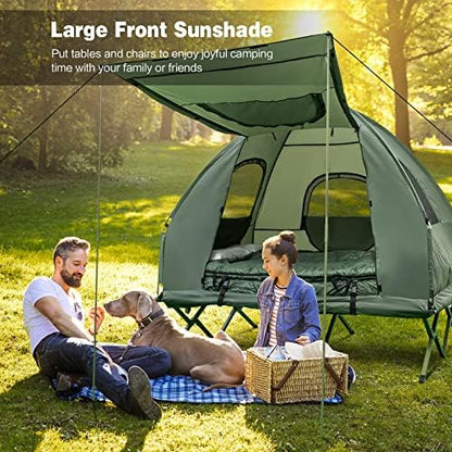 DORTALA 2-Person Tent Cot, Foldable Elevated Camping Tent w/Air Mattress & Sleeping Bag, Portable Dome Camping Tent Cot for Hiking, Camping & Picnic