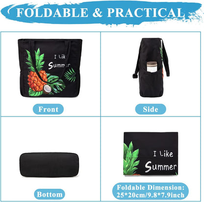 VASCHY Beach Bag for Women, Large Waterproof Sandproof Fold-able Packable Pool Tote Bag w Zipper/Pockets