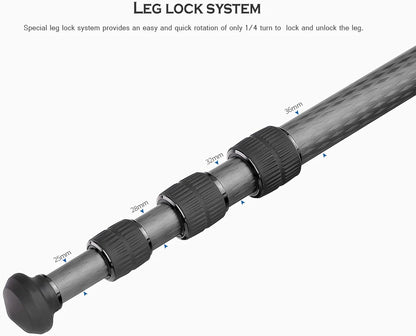 Leofoto Professional Camera Tripod, 62" Compact Carbon Fiber Tripod for DSLR Video Camcorder, 4 Leg Sections, 360° Ball Head, Max Load 25KG/55Lb (LS-364CX+LH-47)