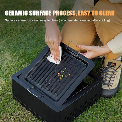 Portable Charcoal BBQ Grill Stove – Smokeless Outdoor Cooking for Camping & Tailgating, Yakitori Grill, Skewers, Easy Drawer Style, Pan and Grill Included Black (Black)