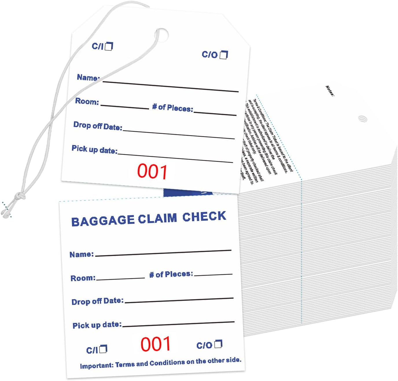 1000 Baggage Claim Check Tags with Transfer Tape on Back, 4 3/4 x 2 3/8 Hotel Luggage ID Tags Numbering from 001 to 1000, Baggage Identification for Hotel Suitcase Motel Bag