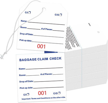 1000 Baggage Claim Check Tags with Transfer Tape on Back, 4 3/4 x 2 3/8 Hotel Luggage ID Tags Numbering from 001 to 1000, Baggage Identification for Hotel Suitcase Motel Bag