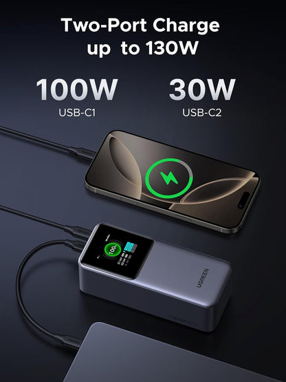 UGREEN Nexode Power Bank 20000mAh 130W Portable Charger 72Wh PD Fast Charging 3-Port USB C Battery Pack with TFT Smart Display for MacBook/iPad/iPhone 16/Samsung S24 and More