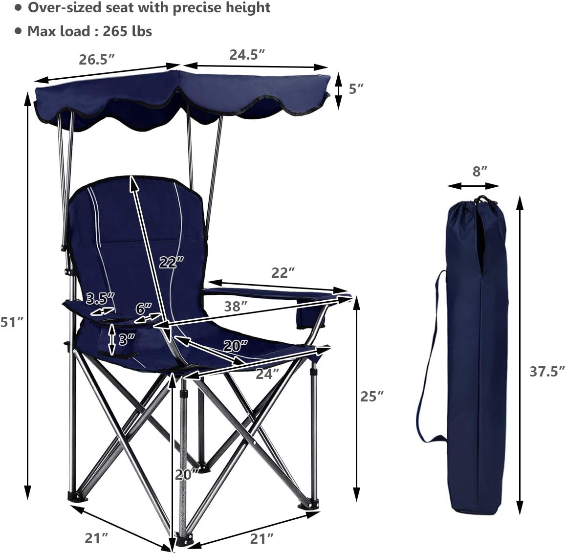 S AFSTAR Safstar Folding Camping Chair with Canopy, Portable Lawn Beach Canopy Chair with Cup Holder & Carry Bag, Load Bearing Up to 265LBS, Folding Chair for Outside Outdoor Travel Hiking Fishing