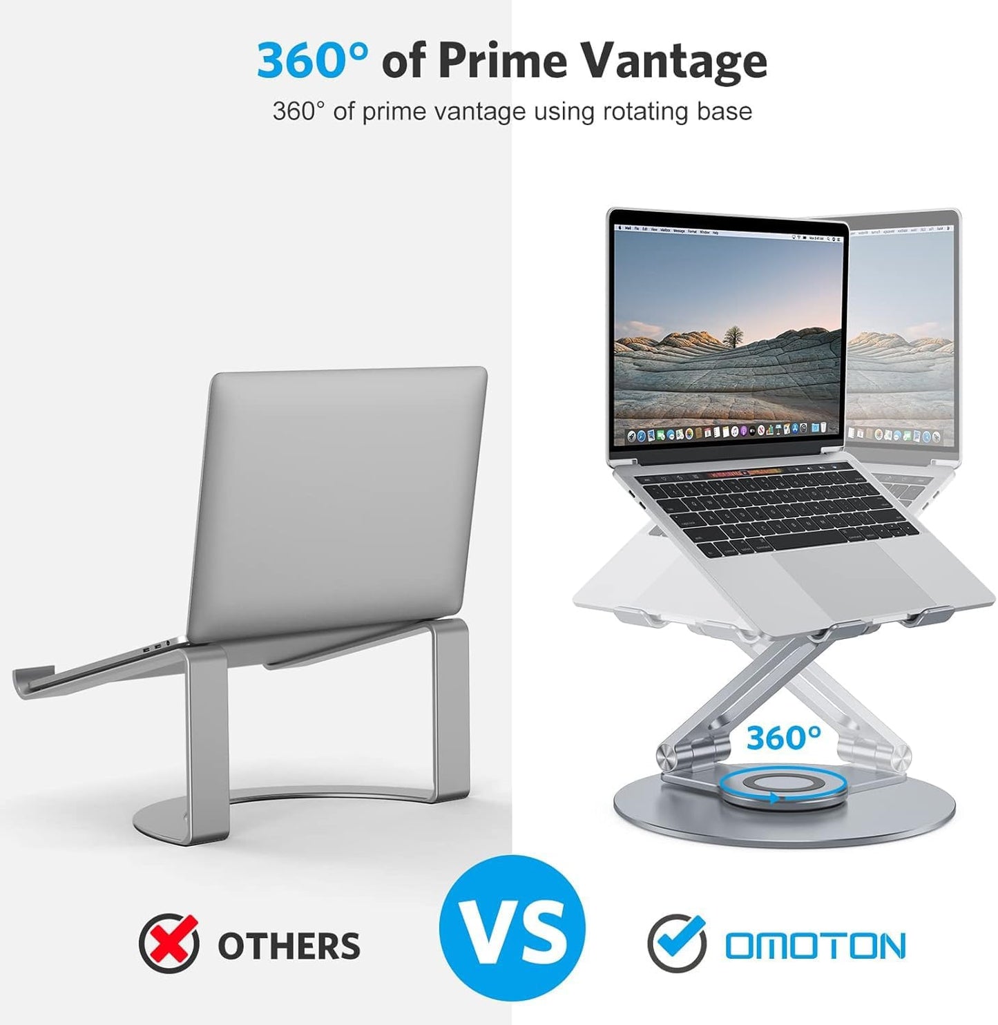 OMOTON Adjustable Laptop Stand with 360 Rotating Base, Ergonomic Laptop Riser for Collaborative Work, Dual Rotary Shaft Fully Foldable for Easy Storage, Fits All Laptops up to 16 inches, CoolGrey