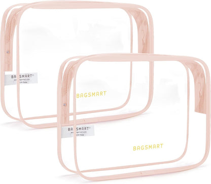 BAGSMART Clear Toiletry Bag, 2 Packs TSA Approved Water Resistant Quart Size Travel Organizer, Airport Airline Travel Essential Carry On Makeup Cosmetic Bags for Women, Nude Pink
