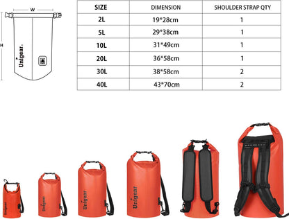 Unigear Dry Bag Waterproof, 2L/5L/10L/20L/30L/40L Floating and Lightweight Bags for Kayaking, Boating, Fishing, Swimming and Camping with Waterproof Phone Case