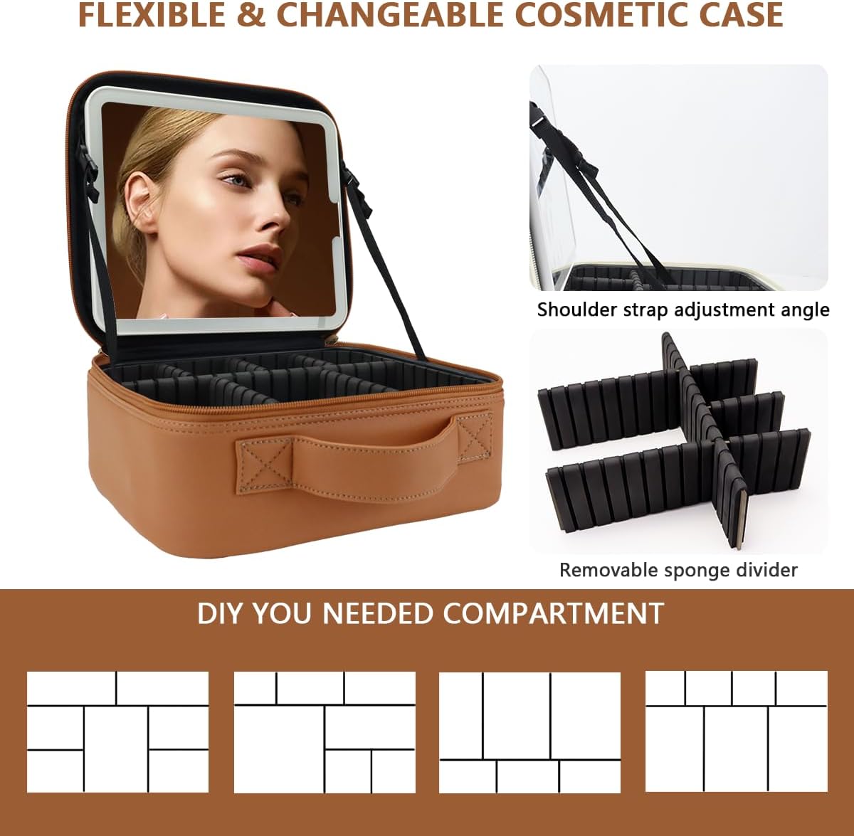 Travel Makeup Bag for Women and Makeup Artists Cosmetic Organizer Large Makeup Case,Travel Makeup Bag with Mirror 3 Color Setting,Portable Storage and Adjustable Dividers(light brown)