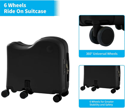 TABU Ride-on Luggage with Handbag for Kids，Hardshell Carry On Suitcase with Hidden Cup Holder, Foldable Pedal,Type-C & USB Interface, TSA Lock, 6-Spinner Wheels, Black