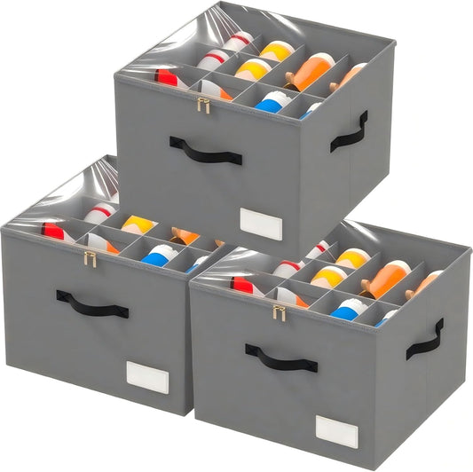 3 Pack Shoe Organizer for Closet, Foldable Shoe Storage Containers, Fits up to 24-48 Pairs, Shoe Storage Organizer Box Cubby Baskets Bins with Clear Cover and Reinforced Handles, Gray