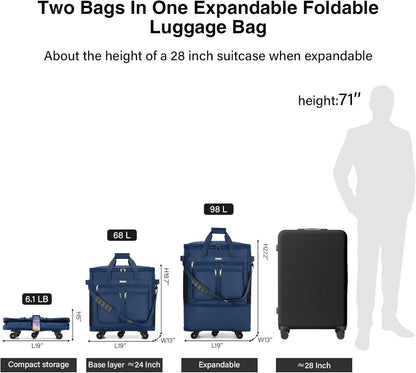 MILADA Expandable Luggage Bags for Travel Foldable Suitcase with Wheels Collapsible Rolling Travel Duffle Bag Lightweight Large Suitcases without Telescoping Handle, Blue