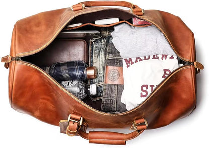 Mullis Mercantile Leather Weekender Bag, an ideal men's classic. Perfect for overnight stays, full-grain leather, a retro design, gym, and a YKK zipper, brown. (22 inch Vintage Leather Duffle)