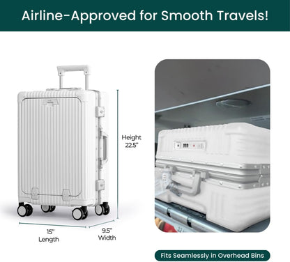 Nobl Travel Carry On Luggage, Noble Zipperless Aluminum Frame PC Hard Shell Suitcase, 22.5x15x9.5 Airline Approved, 360° Spinner Wheels, TSA Locks, USB Charging Port, Cup & Phone Holder - White