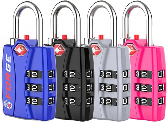 Forge Luggage Locks TSA Approved 4 Pack 4 Colors, Small Combination Lock with Zinc Alloy Body, Open Alert, Easy Read Dials, for Travel Suitcase, Bag, Backpack, Lockers.