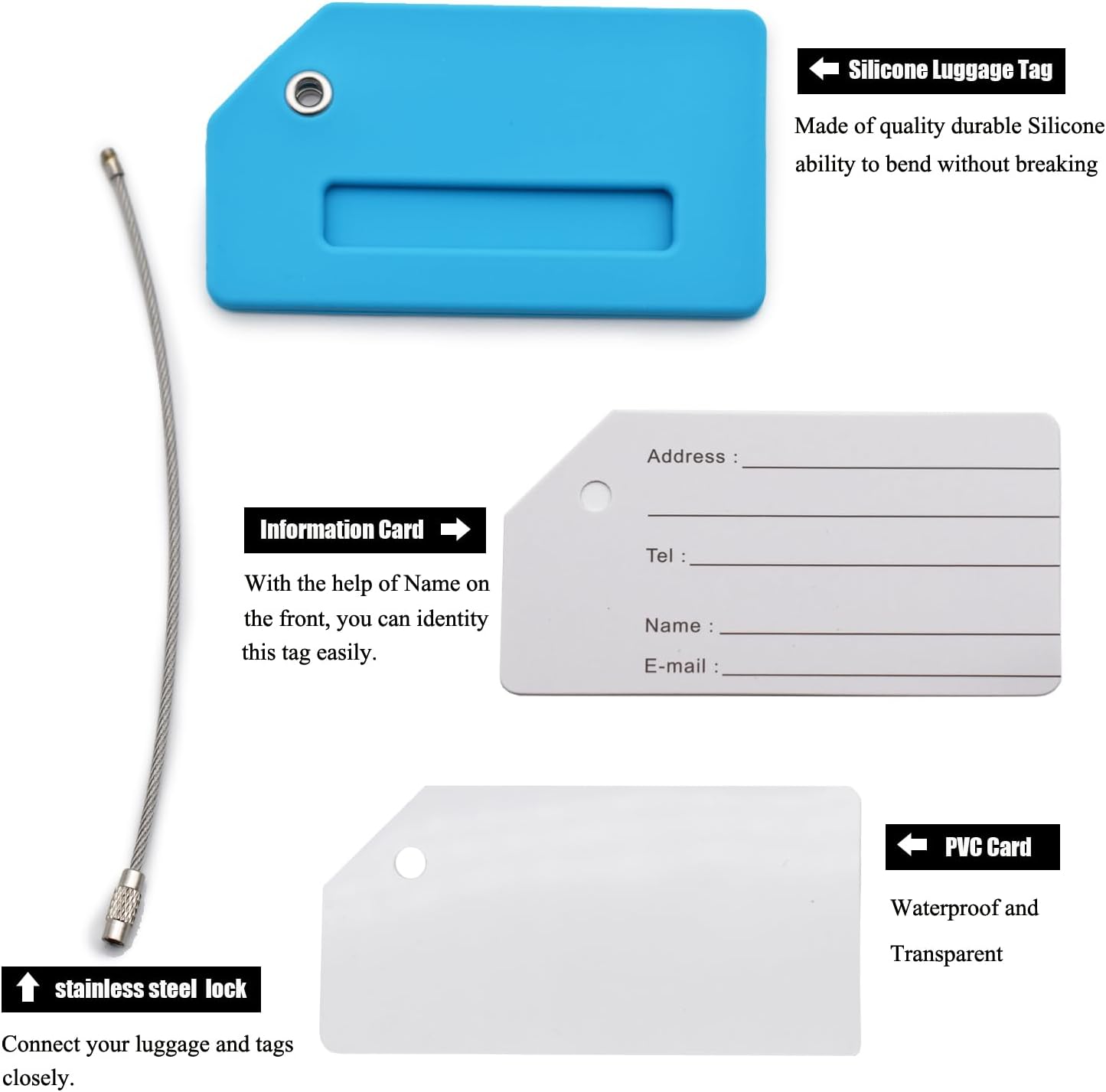 6 Pack Silicone Luggage Tag for Suitcases with Stainless Loop, Privacy Protection Travel Bag Tags Perfect to Quickly Spot Baggage Handbag (Blue)