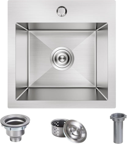 15 x 15 inch Drop in Bar Sink, Small Topmount Kitchen Sink Single Bowl 18 Gauge Stainless Steel Bar Sinks with Basket Strainer Drain