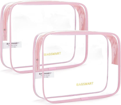 BAGSMART Clear Toiletry Bag, 2 Packs TSA Approved Water resistant Quart Size Travel Organizer, Airport Airline Travel Essential Carry On Makeup Cosmetic Bags for Women, Pink