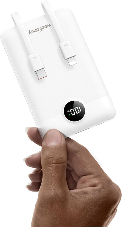 Mini Portable Charger with Built-in Cables 22.5W Fast Charging Power Bank USB-C Small Battery Pack 10000mAh Travel Essential Slim Battery for iPhone 16/15/14, Samsung 25/24, and More