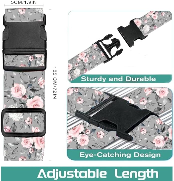 Luggage Straps for Suitcases Travel Belt Accessories, Cute Suitcase Strap, Adjustable Luggage Belt Strap, Heavy Duty with Quick-Release Buckle Luggage Strap Grey Pink Roses
