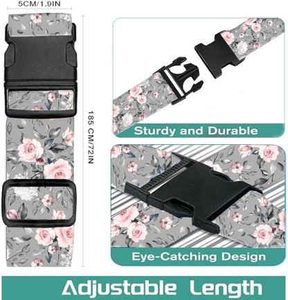 Luggage Straps for Suitcases Travel Belt Accessories, Cute Suitcase Strap, Adjustable Luggage Belt Strap, Heavy Duty with Quick-Release Buckle Luggage Strap Grey Pink Roses