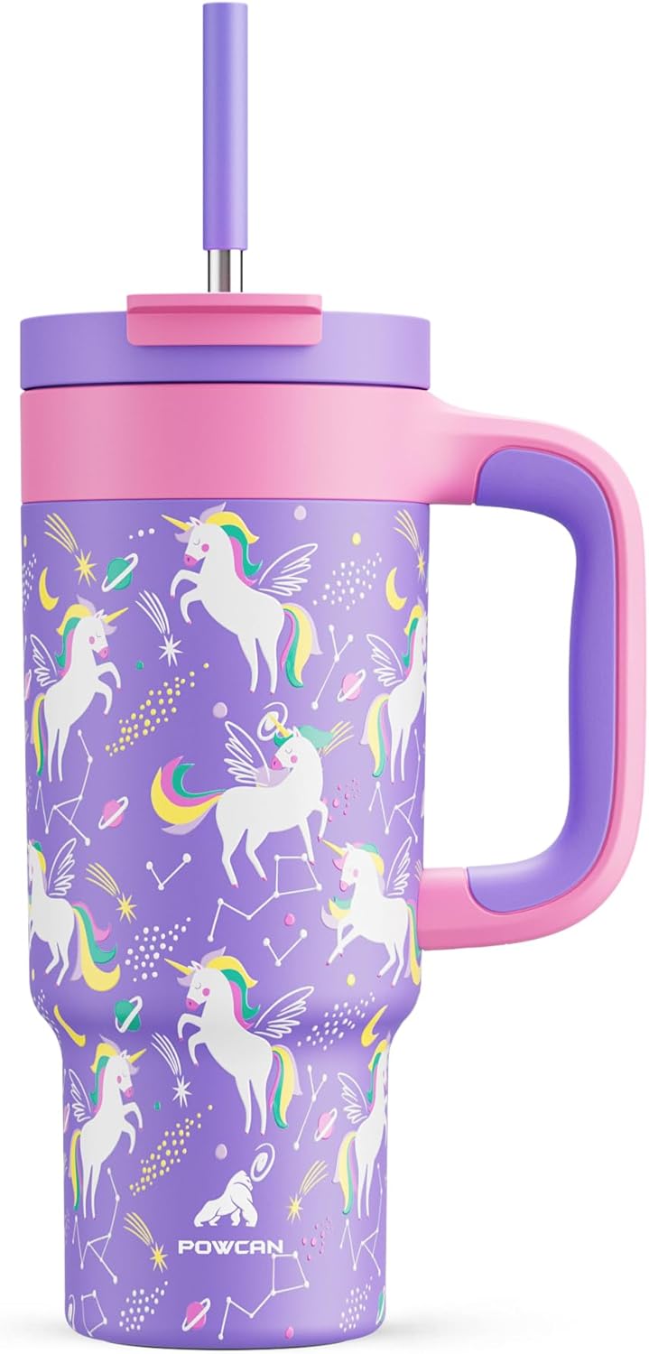 24 oz Kids Tumbler with Handle: Leakproof, Stainless Steel Cup with Straw Lid, BPA-Free, Insulated Water Bottle for School, Travel, Gift, Daycare, Home, Picnic, Outdoor Activities (Starlight Unicorn)