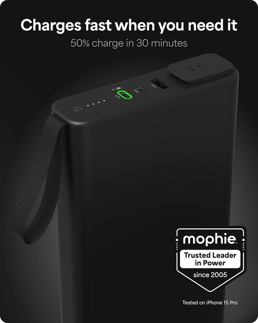mophie powerstation pro AC (2023)-27,000 mAh External Battery compatbile With MacBook&iPad Portable PD battery with 100W of AC&60W USB-C Fast Charge integrated carry strap-USB-C cable included, Black