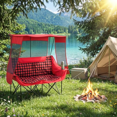 Teenyyou Double Camping Chair with Canopy 660lbs Heavy Duty, Red Plaid