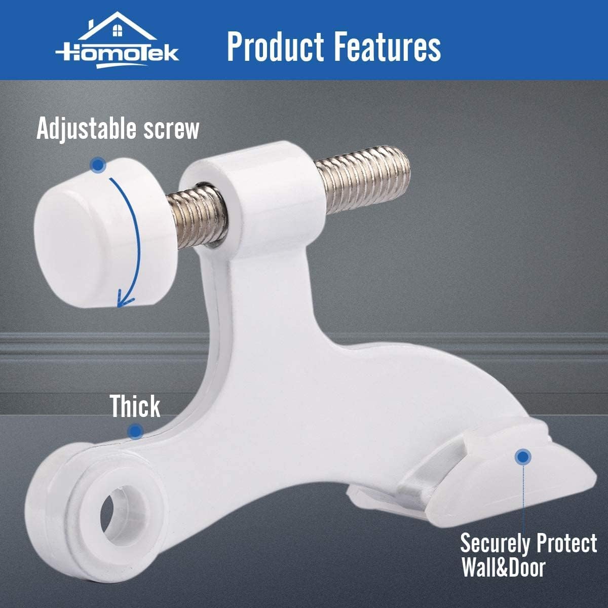 HOMOTEK 4 Pack Hinge Pin White Door Stopper,Adjustable Deluxe Heavy Duty Door Stopper 2-1/2"x1-3/4”,with White Rubber Bumper Tips