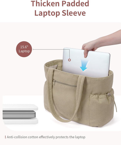 ECOHUB Tote Bag for Women, Work Tote Bags with Laptop Compartment, Large Corduroy Tote Bag with Stanley Cup Holder
