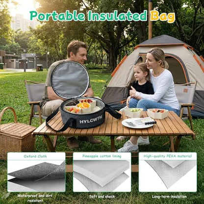 Divided Serving Tray with Lid and Handle, Rounded Snackle Box with 6 Compartments and Chill Base for Fruits, Candy, Veggie, Travel Snack Container with Portable Insulated Bag & Ice Cube Tray & 5 Forks