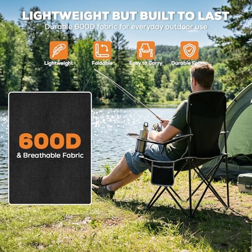 2-Pack Lightweight Heavy Duty Camping Chairs, Up to 400lbs Capacity Folding Chair with Cooler Bag & Cup Holder, Oversized Portable Lawn Chair for Outdoor, Fishing, Tailgating, Beach (Black)