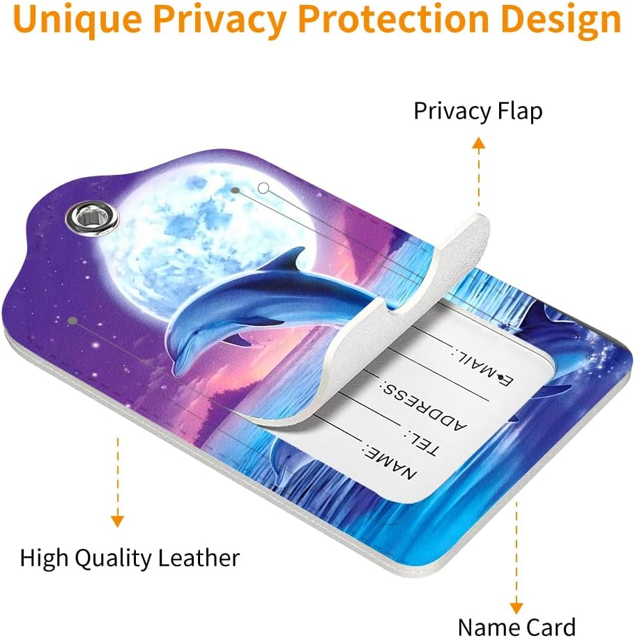 2 Pack Luggage Tag for Suitcase, Cute Unique Leather Bag Tags Identifiers Privacy Cover ID Label with Durable Steel Loop for Women Men Kids Girls Travel，DolphinA