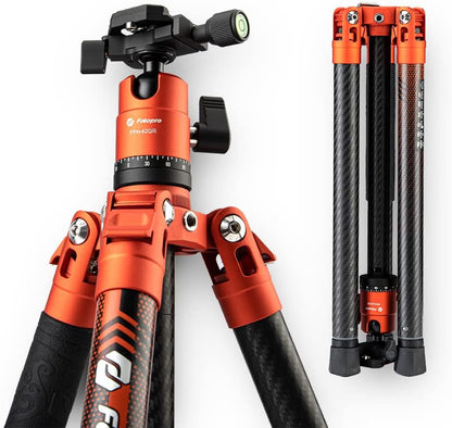 Fotopro Carbon Fiber Tripod 60 Inch 360 Degree Ball Head Quick Release Plate Lightweight Camera Tripod for Travel Tripod Folded Height Only 14.2",Max Loads up to 22lbs,Orange