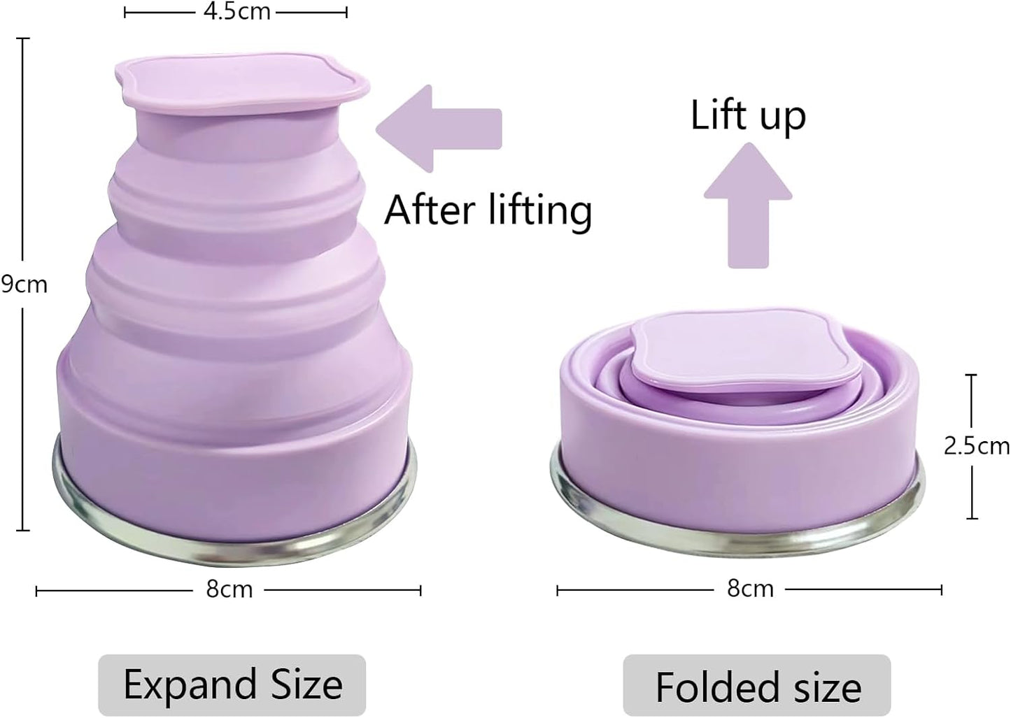 Collapsible Cup Silicone Foldable Cup-Expandable Folding Drinking Reusable Portable Mugs-Cups For Travel, Camping, Hiking, Picnic, Beach, Holiday Vacation, Outdoor Sports Light Purple