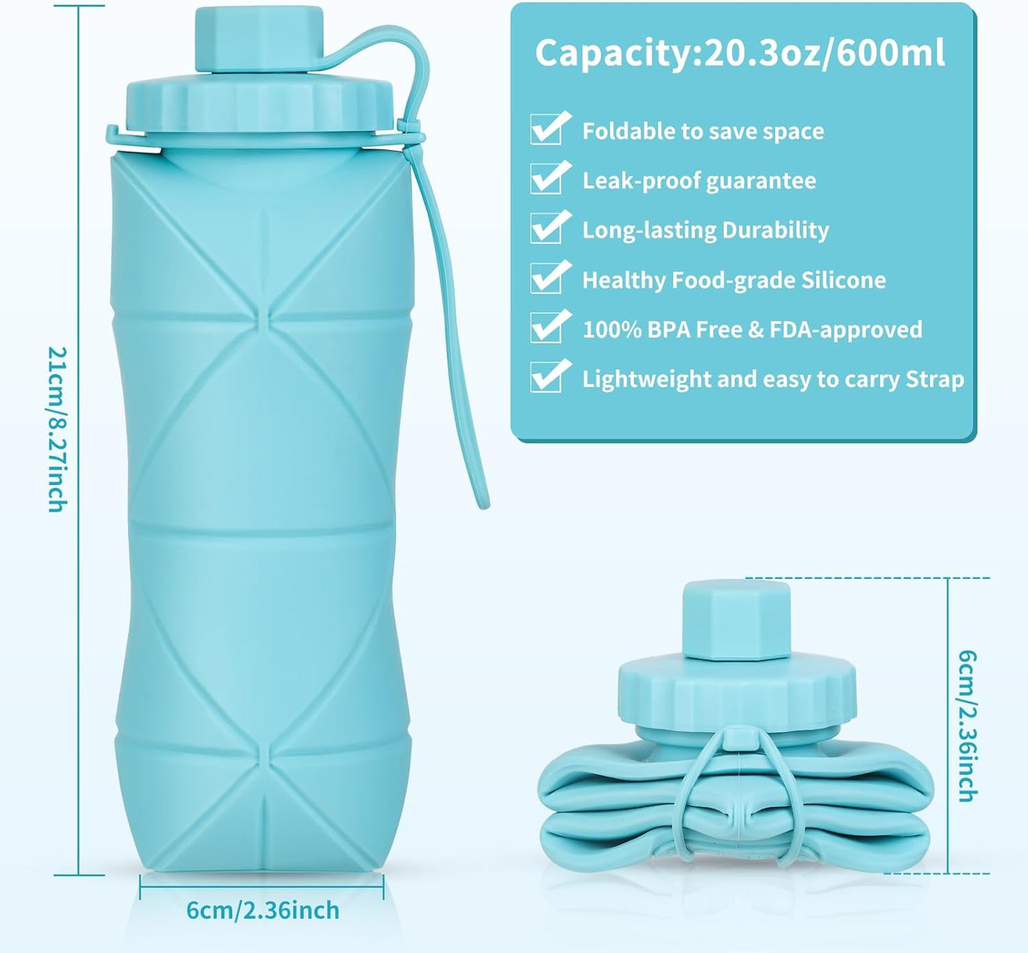 Silicone Collapsible Water Bottles,Lightweight Reusable Leakproof For Traveling Camping Hiking Cycling Sports Outdoor,Foldable Portable Travel Water Bottle 600ML Purple 1Pack.