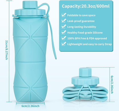 Silicone Collapsible Water Bottles,Lightweight Reusable Leakproof For Traveling Camping Hiking Cycling Sports Outdoor,Foldable Portable Travel Water Bottle 600ML Dark Grey And Purple 2Pack.