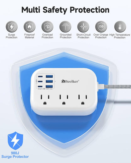 Short Extension Cord 2 Foot- 6 USB(3 USB C) Travel Power Strip with 24W USB Charging Station and 3 Outlets, 2ft Small Flat Plug Extension Cord Surge Protector for Travel Home College Dorm 13A