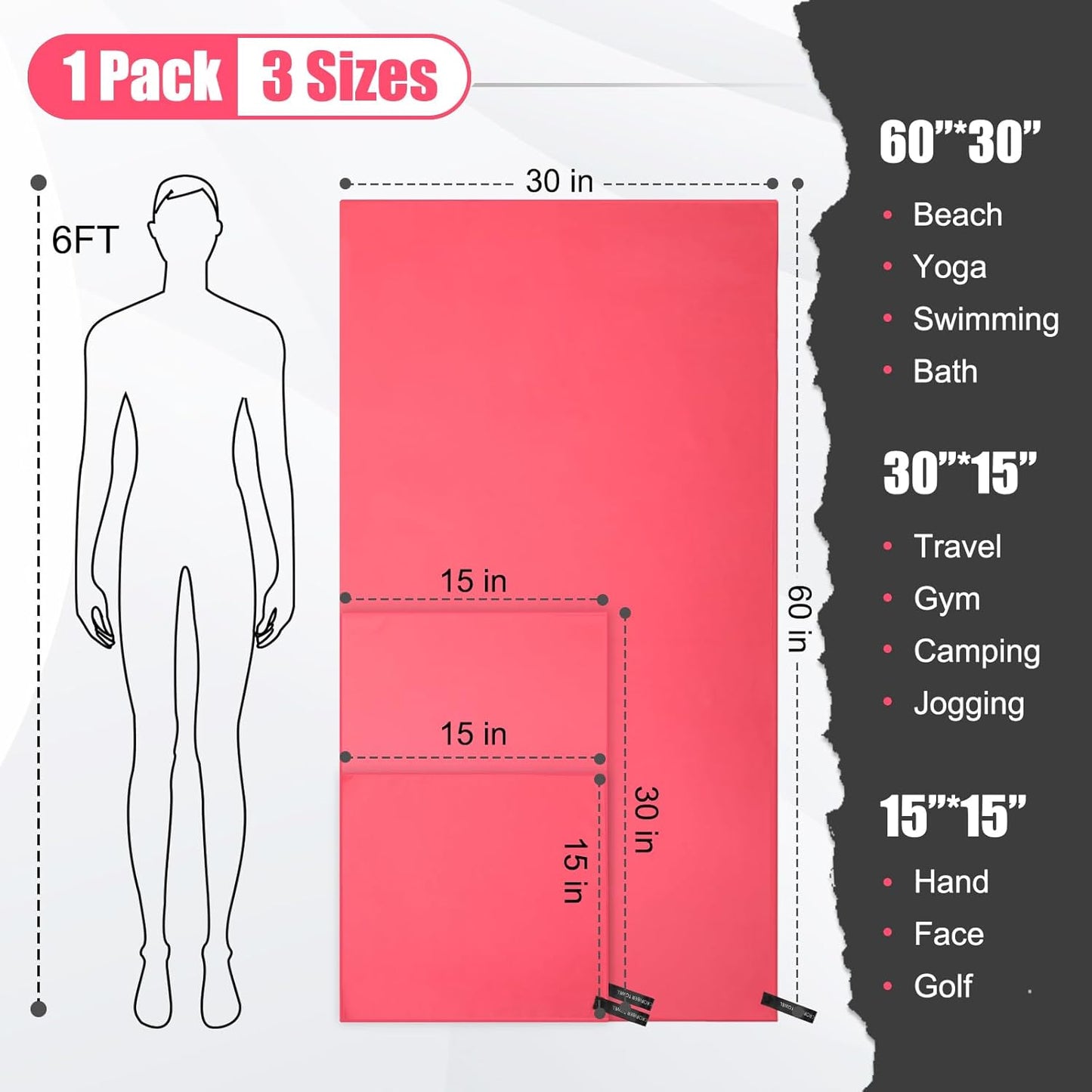 Quick Dry Travel Towel, 3 Sizes 1 Pack Camping Microfiber Towel, Lightweight Fast Drying Towels Set 60"x30", 30"x15", 15"x15" w/Bag for Gym, Beach, Hiking, Swimming, Red