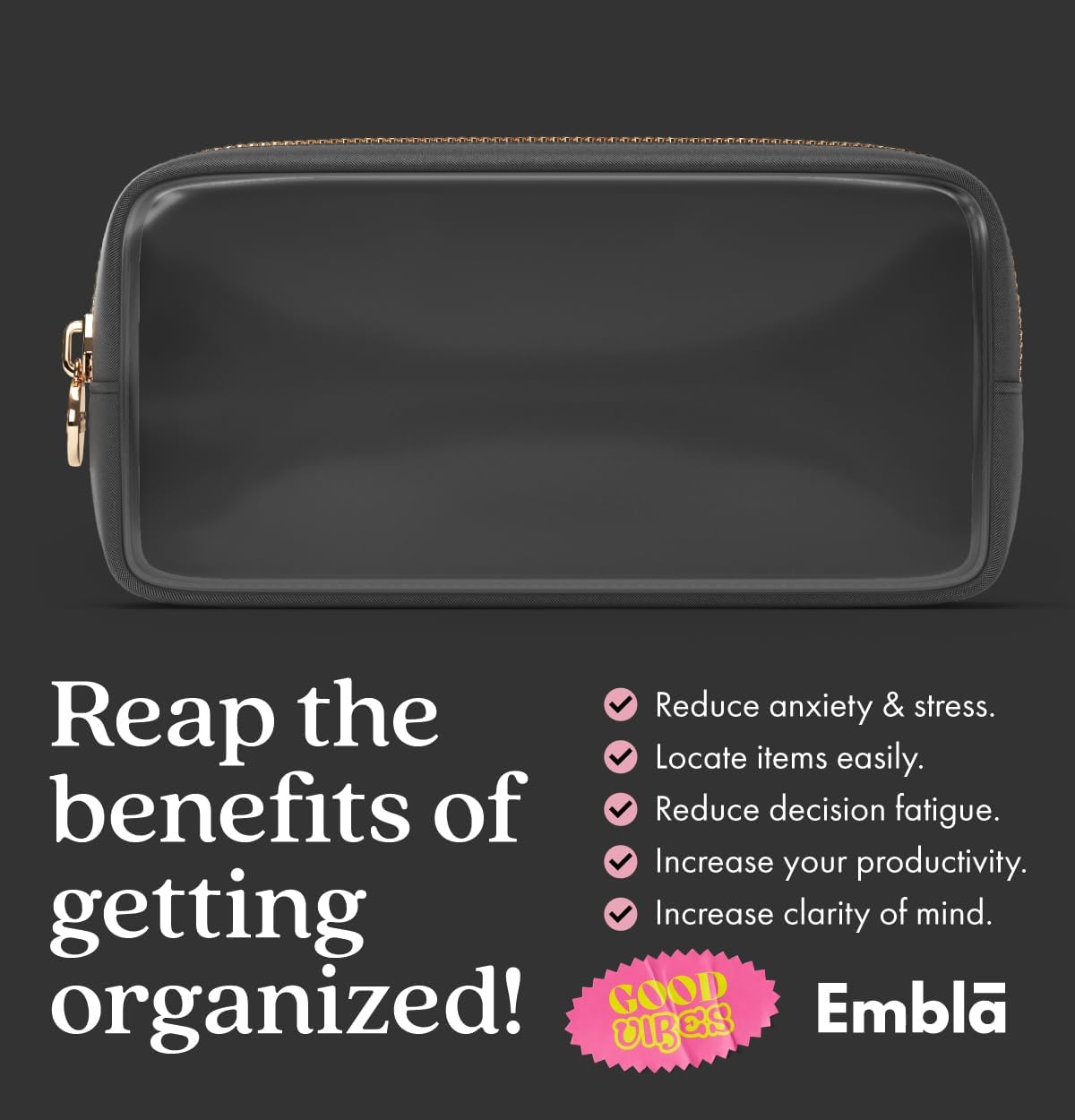 Clear Makeup Bag Zipper Pouch, Transparent Cosmetic Case Organizer, TSA Approved Travel Toiletry Case, Travel Accessories Essentials Makeup Tote for Women, Small Cute Make up Bag for Purse - Black