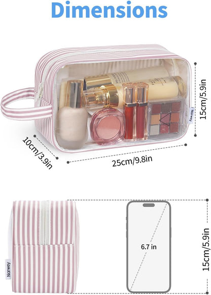 Narwey Clear Toiletry Bags for Traveling Women Men, Clear Travel Bags for Toiletries Makeup Bag Cosmetic Bag with Zipper, Make Up Organizer, Skincare Bag (Dusty Pink Stripe)