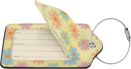 Flowers Leather Luggage Tag with Stainless Steel Ring, Fun Name Id Card Cover Travel Bag Tag Set, Suitable for Travel Bag Luggage Women Men 4 PCS