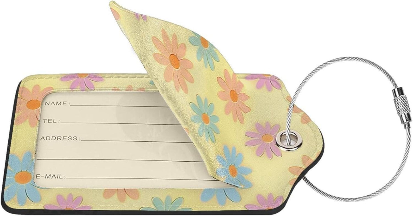 Flowers Leather Luggage Tag with Stainless Steel Ring, Fun Name Id Card Cover Travel Bag Tag Set, Suitable for Travel Bag Luggage Women Men 2 PCS