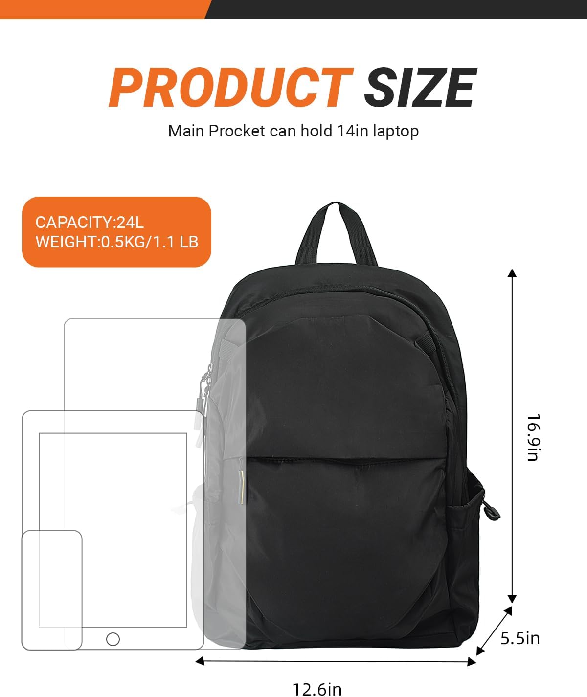 Multi-Pocket Laptop Backpack, 24L Capacity, Fits 14-inch Laptop, 16.9x12.6x5.5 inches, 1.1 lbs, Black/Navy/Gray (Black)