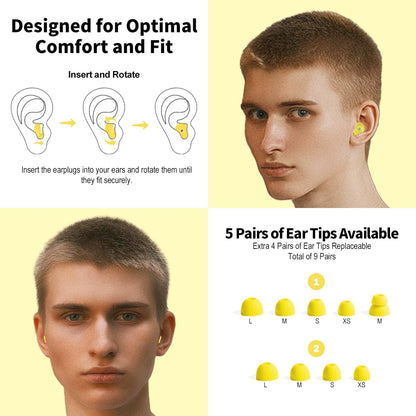 Ear Plugs for Sleeping Reusable Earplugs for Concerts Noise Cancelling Soft Silicone Noise Reduction Earbuds for Travel, Focus, Work 33-45dB Hearing Protection with 9 Ear Tips & Case (Yellow)