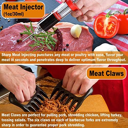 POLIGO 26Pcs Exclusive BBQ Grill Accessories in Aluminum Case for Birthday Fathers Day Grilling Gift - Grill Utensils Set with Barbecue Claws, Meat Injector, Thermometer for Smoker, Camping BBQ Silver