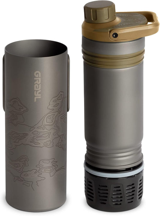 GRAYL UltraPress Titanium 16.9 oz Water Purifier & Filter Bottle for Hiking, Backpacking, Survival, Bushcraft, Travel (Coyote Brown)