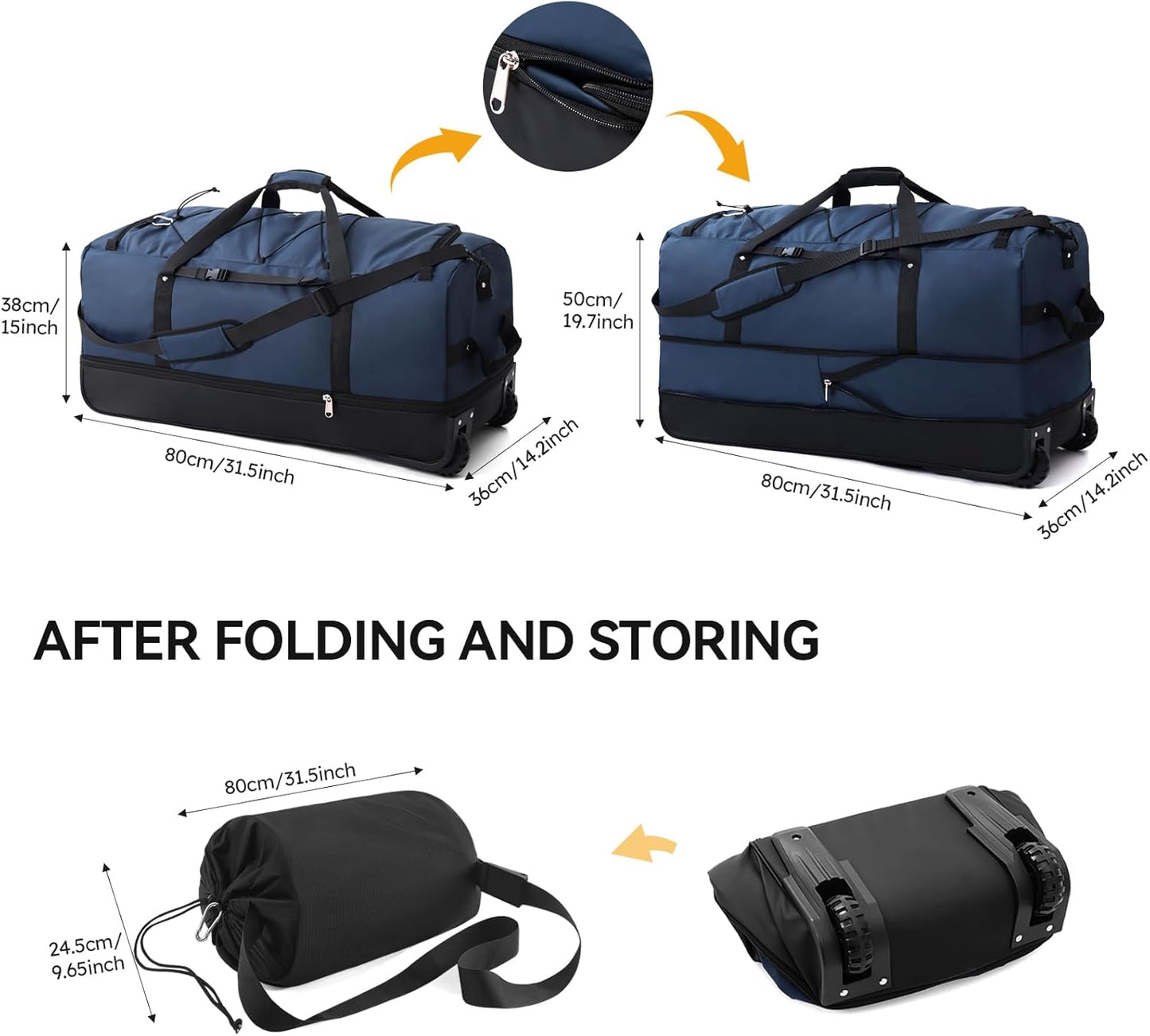CONTAIL 32" Soft-Sided Rolling Duffle Bag with 2 Wheels,Expandable from 110L to 140L, Foldable Travel Duffel with Multiple Compartments,Navy